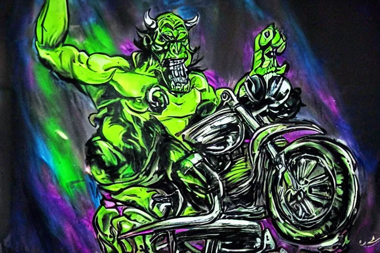 Image similar to high quality cinematic action shot of an orc doing a wheelie on a motorcycle, psychedelic blacklight airbrush art