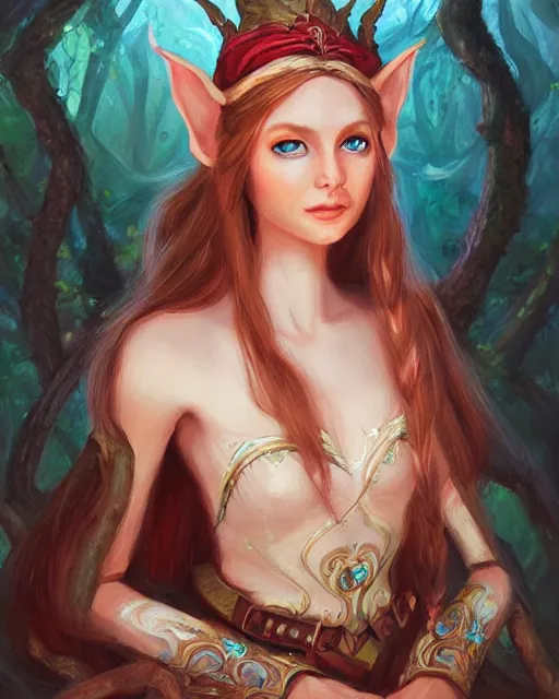 Prompt: a beautiful elf princess, oil painting, by Fernanda Suarez