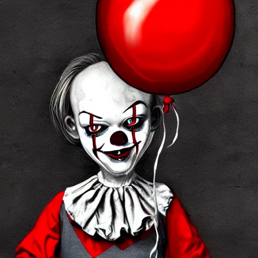 Prompt: surrealism grunge cartoon portrait sketch of georgie from it with a wide smile and a red balloon by - michael karcz, loony toons style, pennywise style, horror theme, detailed, elegant, intricate