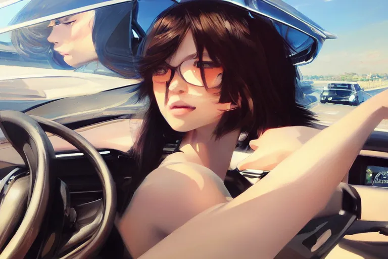 Prompt: A ultradetailed beautiful portrait panting of a stylish girl driving a car, bright sunny day, Oil painting, by Ilya Kuvshinov, Greg Rutkowski and Makoto Shinkai