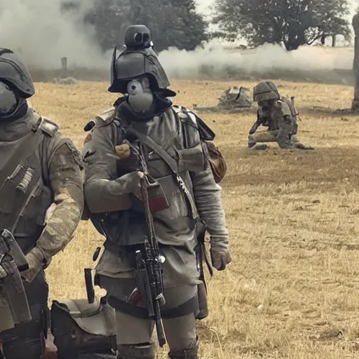 Image similar to British mercenaries wearing grey body armor smoking cigarettes in the aftermath of a bloody battle, photo by Adam Ferguson, Pulitzer Winning, cinematic composition, breathtaking, modern, 2022