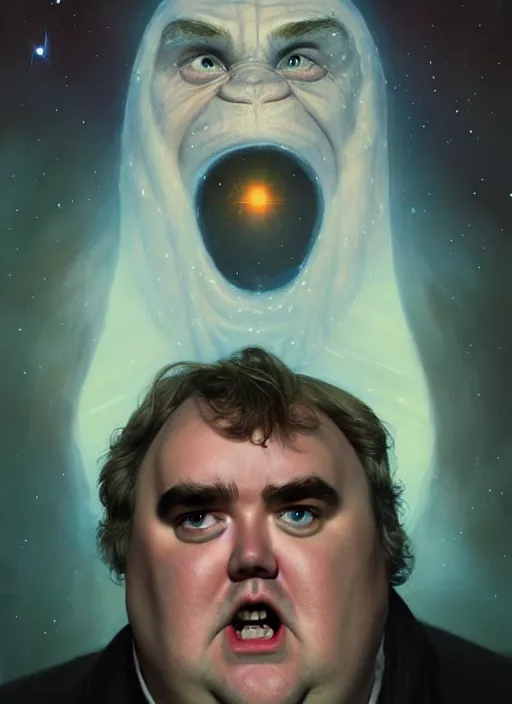 Image similar to hyper realistic, zoomed out portrait of a mega derpy john candy in star wars, stoned, by greg rutkowski, scott m fischer, artgerm, loish, slight glow, atmospheric, anne stokes, alexandros pyromallis