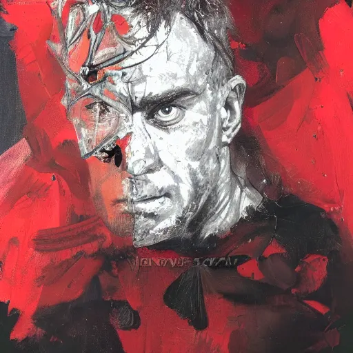 Prompt: Portrait of Mariusz Pudzianowski in the style of Disco Elysium, painting by Jenny Saville and Pavlo Guba, black and red monochromatic