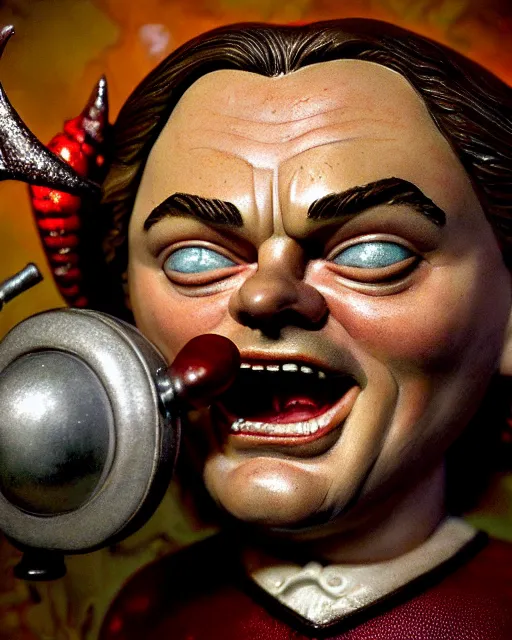 Image similar to highly detailed closeup, face profile portrait of a tin toy leonardo dicaprio as a medieval demon with horns eating cakes in a castle, hyper realistic, artstation, illustration, nicoletta ceccoli, mark ryden, lostfish, dan decarlo, bob clampett, max fleischer, digital paint, matte paint, vivid colors, detailed and intricate environment