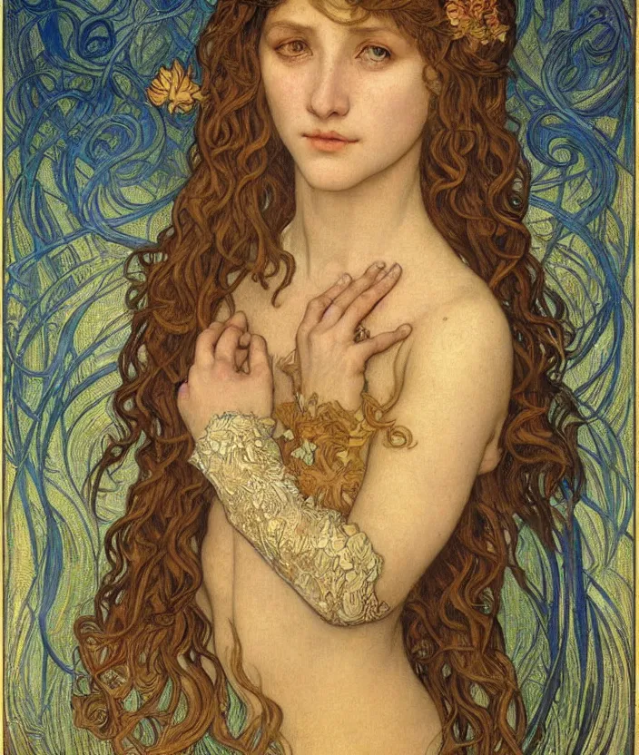 Image similar to detailed realistic beautiful young medieval queen face portrait by jean delville, alphonse mucha, vincent van gogh, and marco mazzoni, art nouveau, symbolist, visionary, gothic, pre - raphaelite