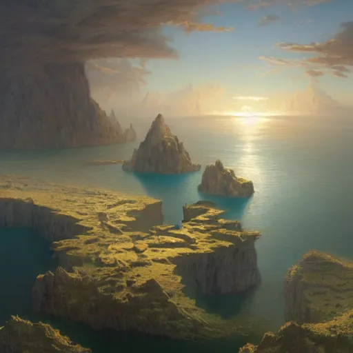 Image similar to A beautiful hyper realistic detailled matte painting of floating islands in the sky, aerial view, view from above, sea far away below, at dawn, by John Howe and Greg Rutkowski and Albert Bierstadt and Alena, unreal engine, trending on artstation, barometric projection, rectilinear, f8