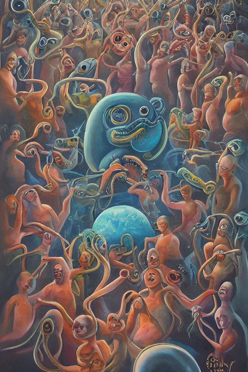 Prompt: a painting of a group of people standing around cheering on fighting, tentacled alien babies, a surrealist painting by clark voorhees, cg society, pop surrealism, lovecraftian, cosmic horror, surrealist, poster art