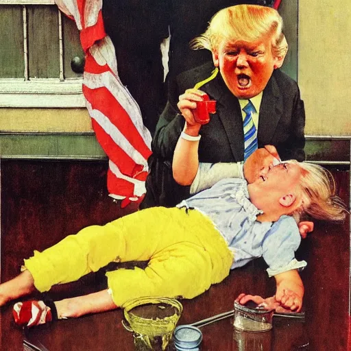 Image similar to children pouring yellow lemonade on Donald trump laying down, mannerism, norman Rockwell,