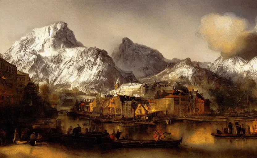 Prompt: Amsterdam in the !!Alps!! mountains, oil painting by Rembrandt, highly detailed