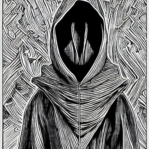 Image similar to hooded man, junji ito,