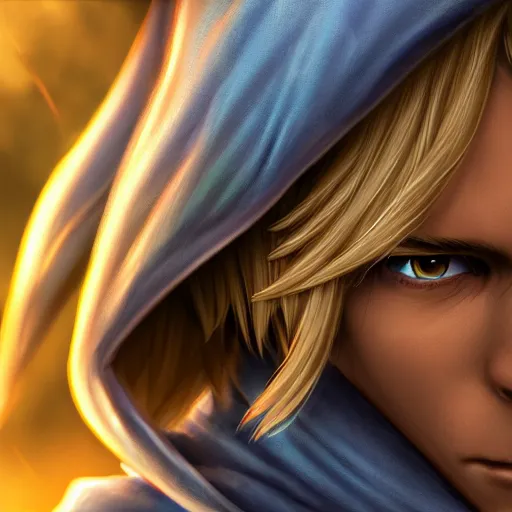 Prompt: masterpiece closeup portrait of a male elf with blonde hair and blue eyes, wearing a green cloak, by artgerm, 4k, masterpiece, uhd unreal raytracing , detailed