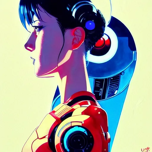 Image similar to side portrait scifi cyborg girl with robotic parts and spacesuit | | head only in center of image, audrey plaza, fine detail!! anime!! realistic shaded lighting!! poster by ilya kuvshinov katsuhiro otomo ghost - in - the - shell, magali villeneuve, artgerm, jeremy lipkin and michael garmash and rob rey