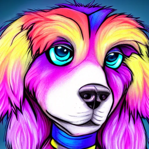 Prompt: headshot portrait of an anthropomorphic furry style colorful dog fursona, drawn by Falvie, fleurfurr, trending on furaffinity