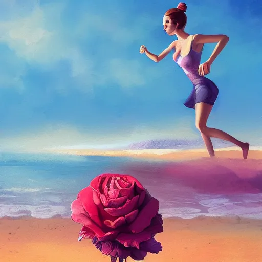 Image similar to portrait, giant rose flower head, woman running at the beach, surreal photography, sunrise, blue sky, dramatic light, impressionist painting, digital painting, artstation, simon stalenhag