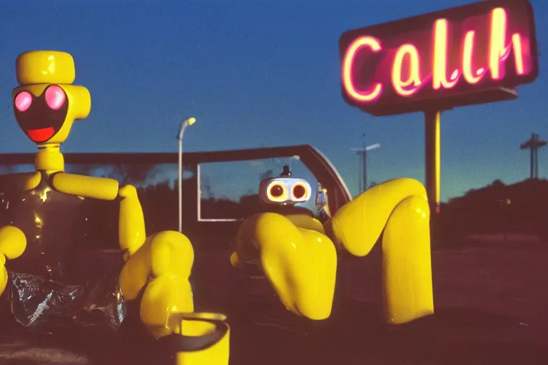 Image similar to robot clown relaxing at a california drive in, in 1 9 8 2, cutecore clowncore, bathed in the the glow of the sunset, low - light photograph, in style of tyler mitchell