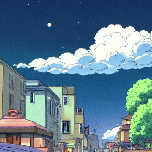 Prompt: studio Ghibli anime still of a small coastal Florida town at night with cumulonimbus clouds in the sky, downtown in the distance, key anime visuals