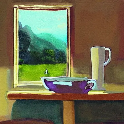 Image similar to “ nostalgic painting of a breakfast table with a steaming cup of coffee and a newspaper. the window behind it shows a green idyllic hill with a road on it, and families walking to school ”