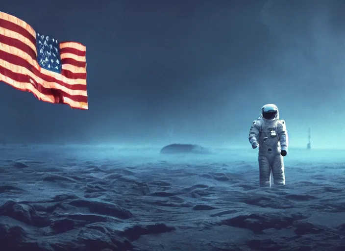 Image similar to astronaut holding a flag in an underwater desert. a submarine is visible in the distance. dark, concept art, cinematic, dramatic, atmospheric, 8 k, trending on artstation, blue, fish, low visibility, fog, ocean floor, christopher nolan, interstellar