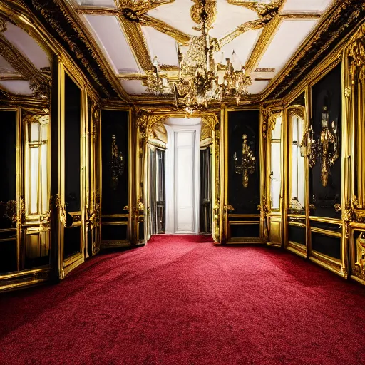 Image similar to wide angle shot of parisian interior, dark walls, gold accents, interior design, thick carpet, hyperrealistic, hyperdetailed, super detailed, uhd, uhd, 8 k, high resolution,