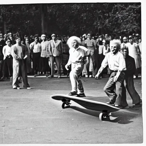 Image similar to vintage photo of albert einstein doing skateboard tricks at a park while a crowd of people watches, circa 1 6 0 0, award - winning shot