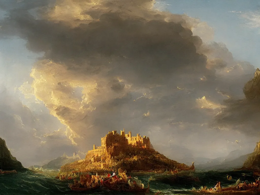 Image similar to a landscape painting of a castle on the ship, by Thomas Cole