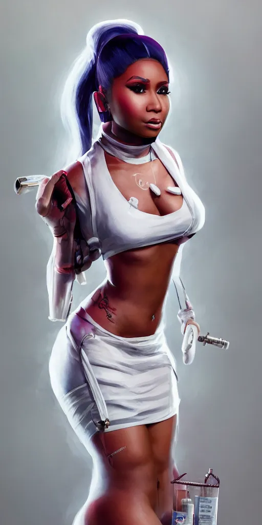 Image similar to full body portrait of nicki minaj as a nurse, concept design, contrast, hot toys, kim jung gi, greg rutkowski, zabrocki, karlkka, jayison devadas, trending on artstation, 8 k, ultra wide angle, pincushion lens effect