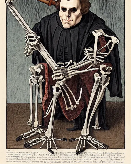 Image similar to A painting of Martin Luther holding a mallet and nailing a cartoon paper-skeleton Halloween decoration to the door of a suburban home, in the styles of Ferdinand Pauwels, Greg Rutkowski, Alphonse Mucha, and Tim Burton, intricate, hyperrealistic, accurate facial details, volumetric lighting