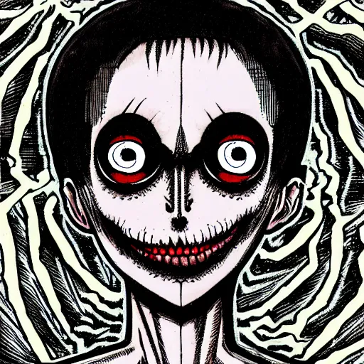 Image similar to a dark brown humanoid, hyper detailed, in the style of junji ito and and junji ito and junji ito, selfie