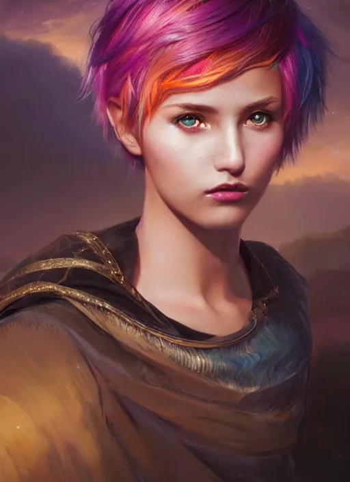 Image similar to girl with rainbow hair, pixie haircut, beautiful highly detailed face, complementary lighting, backlit, black eyeshadow, lipstick, divine, dramatic lighting, landscape background, beautiful painting by artgerm and greg rutkowski and raymond swanland