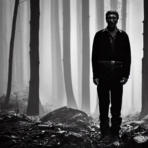 Prompt: a film still of woodsman from twin peaks, black and white, cinematic lighting, high resolution, 4 k