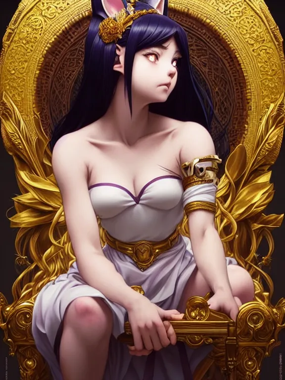 Image similar to full body picture of a girl with wolf ears sitting on the throne, bored, beautiful and aesthetic, intricate, unreal engine, neat hair, highly detailed, detailed face, smooth, sharp focus, chiaroscuro, manga illustration, artgerm, greg rutkowski, ilya kuvshinov, rossdraws, alphonse mucha, young adult light novel cover art