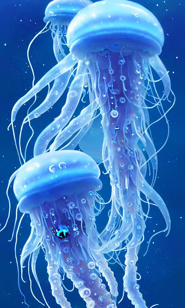 Image similar to detailed jellyfish in space, blue tones, underwater, full frame, highly detailed, digital painting, artstation, concept art, smooth, sharp focus, illustration, art greg rutkowski and alphonse mucha