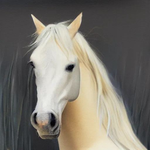 Prompt: a portrait of a posed petite blonde horse in a cornfield, great body, oil painting, pale colors, high detail, 8 k, wide angle, trending on artstation,