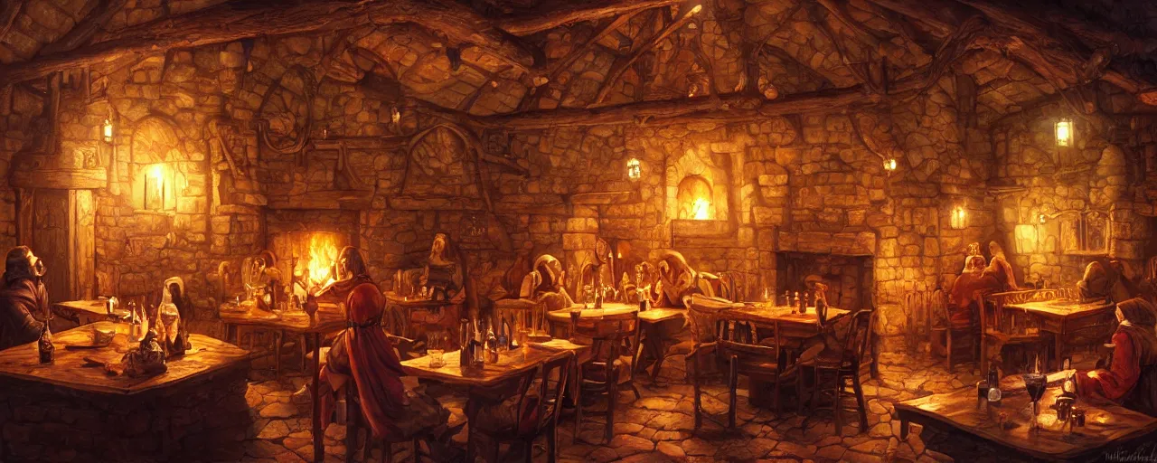 Prompt: Medieval tavern with cozy interior and roaring fireplace, art by michael whelan, warm colors, firelight, oil painting, fantasy art, trending on artstation