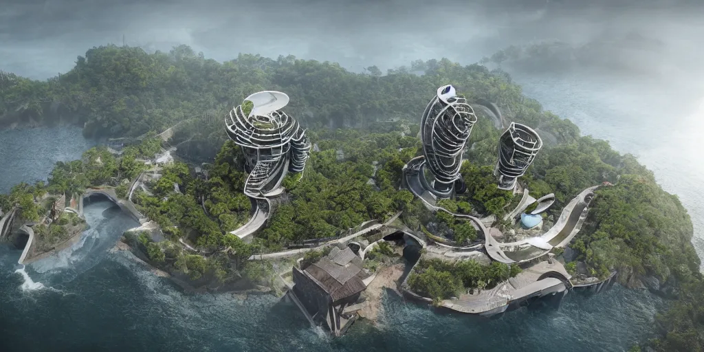 Prompt: a community living in modern brutalistic architecture build at the center of a huge vertical ringed shaped mountain with forest on the top in the center of the ocean, where center tower is connected to other towers through bridges, unreal 5, hyper realistic, realistic, photorealistic, dynamic lighting, highly detailed, cinematic landscape, studio landscape, studio lighting