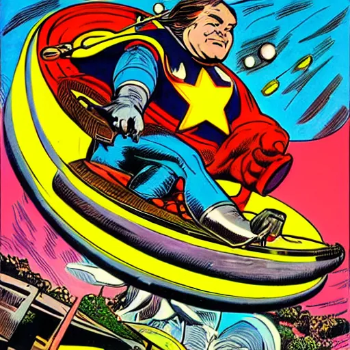 Prompt: jack black riding a rocket by jack kirby, marvel comic book cover