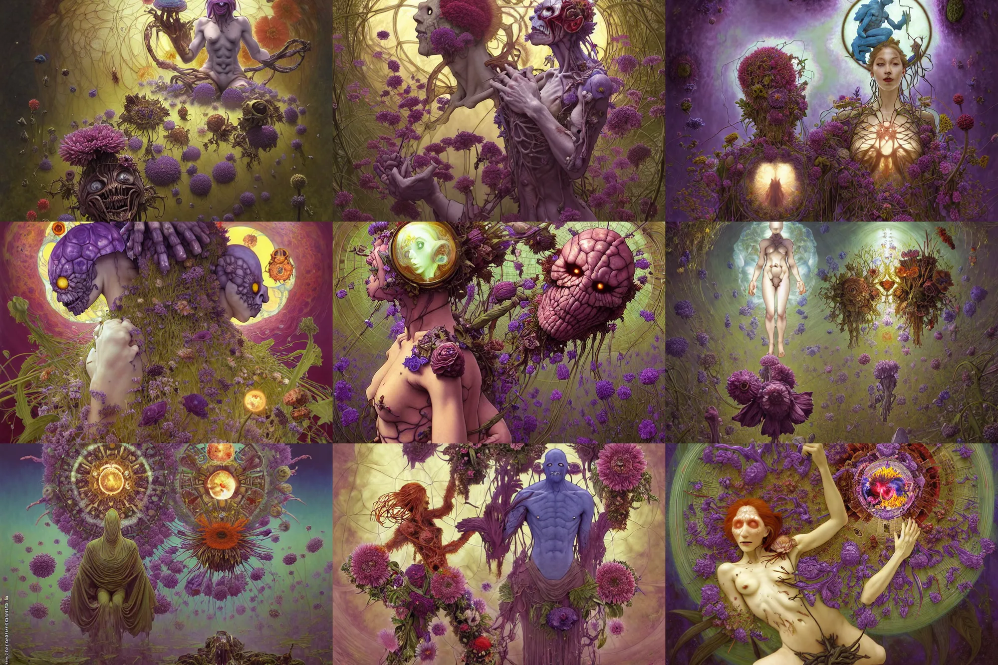 Image similar to the platonic ideal of flowers, rotting, insects and praying of cletus kasady carnage thanos dementor wild hunt doctor manhattan chtulu mandelbulb mandala ponyo spirited away davinci heavy rain, d & d, fantasy, ego death, decay, dmt, psilocybin, art by artgerm and greg rutkowski and alphonse mucha