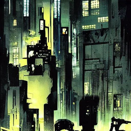 Image similar to cyberpunk city noir by dave mckean and mike mignola