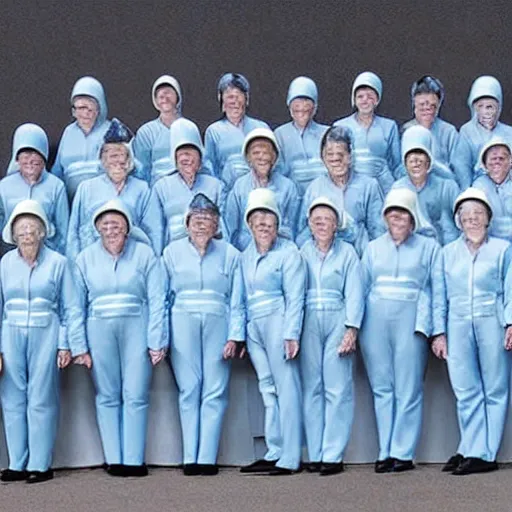 Image similar to troop of 1 2 0 - year - old grannies with white bob hairdos, tight light blue neopren pilot suits, futuristic cloning facility, sci - fi, highly detailed, cinematic