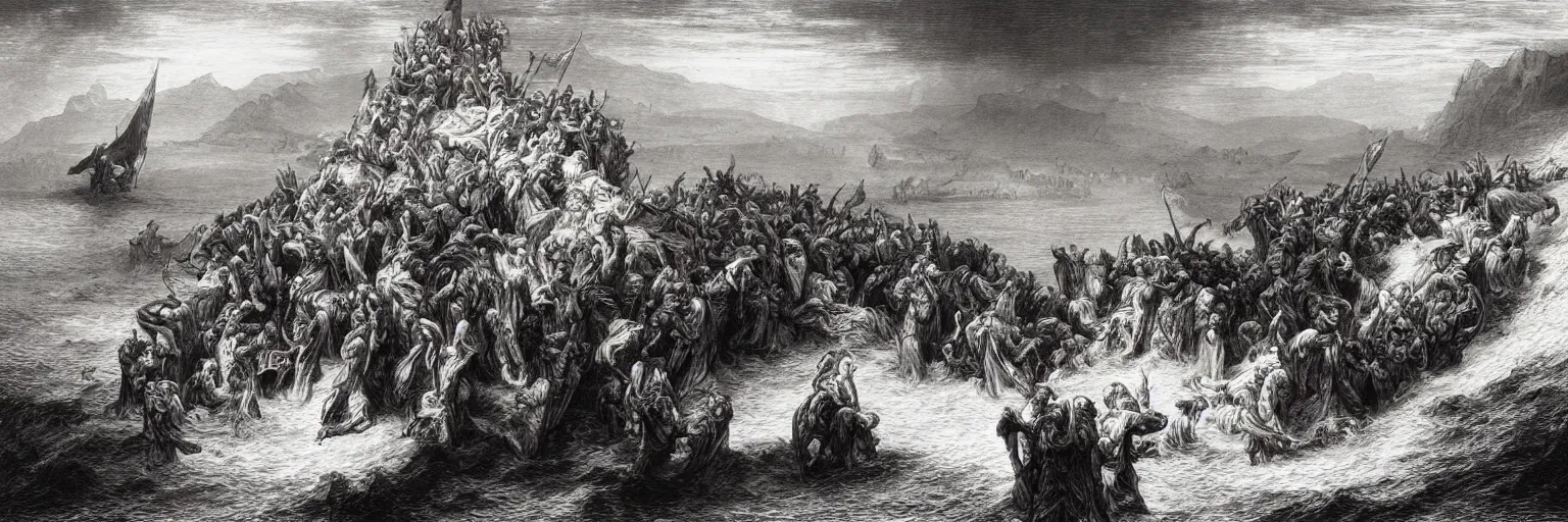 Prompt: the biblical crossing of the red sea, Gustave Dore lithography