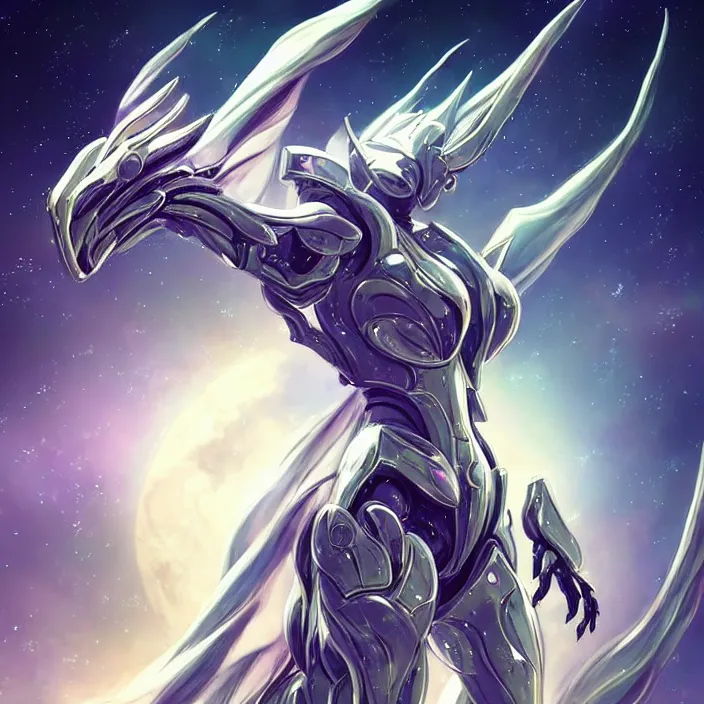 Image similar to goddess shot, galactic sized stunning beautiful anthropomorphic robot mecha female dragon, in space, larger than planets, posing elegantly, the earth a mere marble in her claws, detailed silver armor, epic proportions, epic scale, detailed digital art, ultra detailed, furry art, macro art, dragon art, giantess, warframe fanart, furaffinity, deviantart, realistic