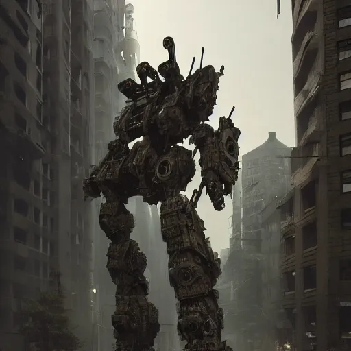 Prompt: six feet tall mech fighting in an urban environment, by gaudi, by giger, by ismail inceoglu, octane render, by weta digital, cinematic lighting, bump mapped, lumen reflections, ambient occlusion, action scene screenshot, epic scale, trending on artstation