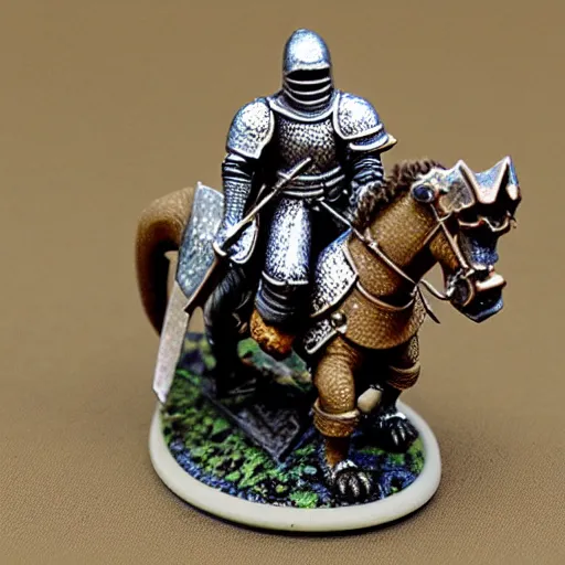 Image similar to D&D, high detail, miniature of medieval knight riding a dinosaur, Lord of the Print, 28mm scale