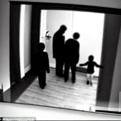 Image similar to An MIB caught on camera spying on a family, home CCTV footage, detailed, ominous, black and white