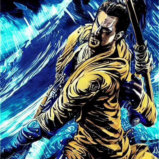 Prompt: pen and ink!!!! attractive 22 year old deus ex!! Gantz Frank Zappa x Ryan Gosling Empyrean golden!!!! Vagabond!!!! floating magic swordsman!!!! glides through a beautiful!!!!!!! battlefield magic the gathering dramatic esoteric!!!!!! pen and ink!!!!! illustrated in high detail!!!!!!!! by Hiroya Oku!!!!!!!!! Written by Ridley Scott graphic novel by Frank Miller published on Cartoon Network MTG!!! 2049 award winning!!!! full body portrait!!!!! action exposition manga panel