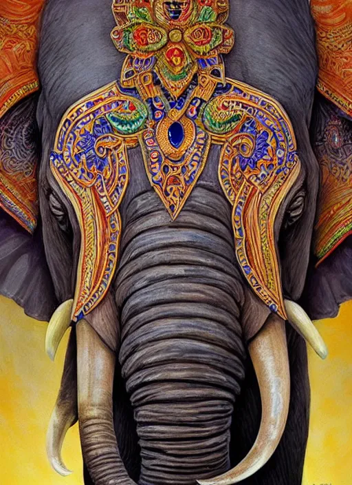 Image similar to portrait of ethereal elephant with indian flag colors painted on its face, intricate detail, ornate, conceptual art, soft light, dynamic, art by artgerm