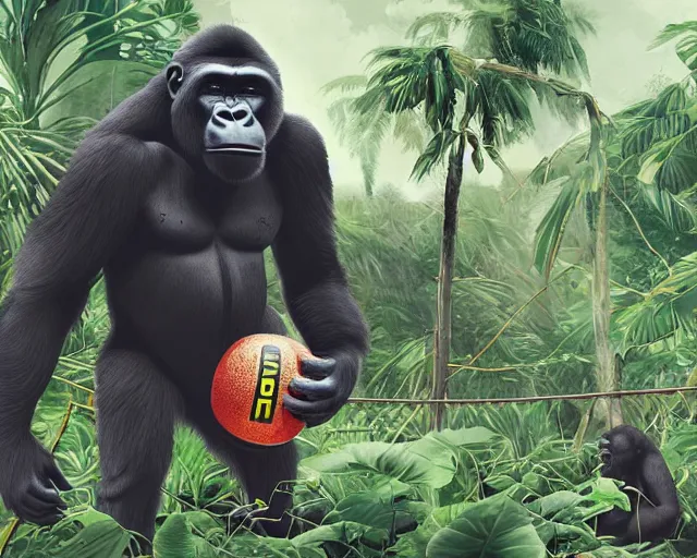 Image similar to a gorilla holding a volleyball and playing volleyball in a jungle, volleyball net, digital illustration, inspired by greg rutkowski and artgerm, high detail