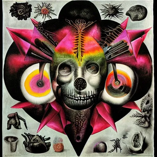 Image similar to post - punk new age album cover, asymmetrical design, anti capitalism, magic, apocalypse, psychedelic, black white pink, magic, giger h. r., giuseppe arcimboldo