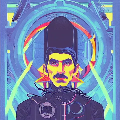 Image similar to majestic futuristic visionary inventor nikola tesla tarot crad by sachin teng, artgerm, alphonse mucha, masterpiece, organic painting, matte painting, technical geometrical drawing shapes, lightning electricity coil, hard edges, graffiti, screen printing poster art by sachin teng