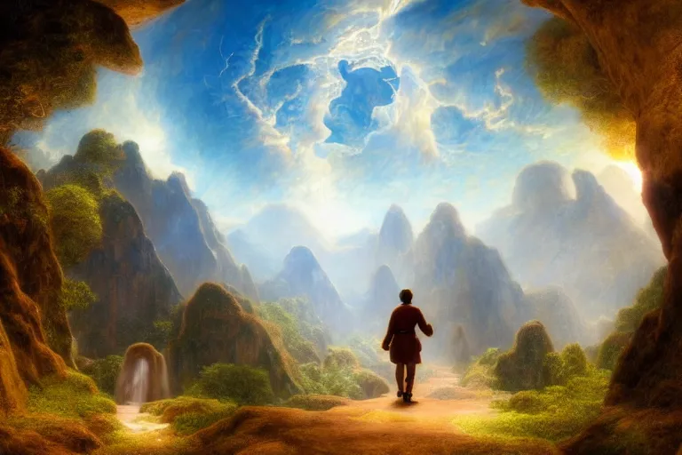 Image similar to a detailed 3 d render of bruno from encanto walking throug the astral gate to eternity, 1 8 th century south america, octane render, 8 k, volumetric lighting, in the style of disney, art by albert bierstadt and thomas moran